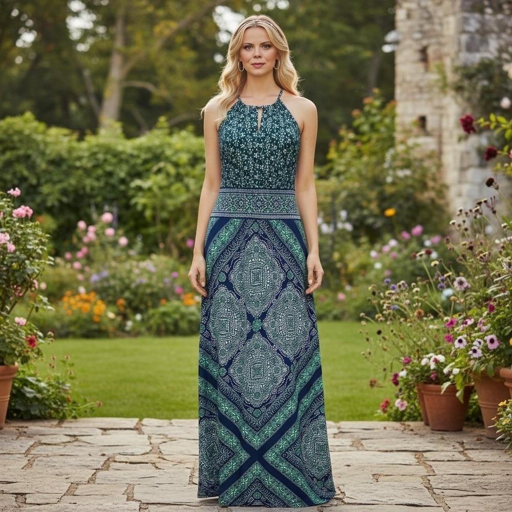 London Style Ladies Halter Top Maxi Dress Sz 10 Green Blue & White Print